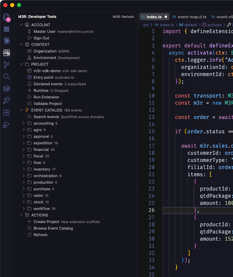 M3R Developer Tools no VS Code: catálogo de 186 eventos e trecho da extensão TypeScript